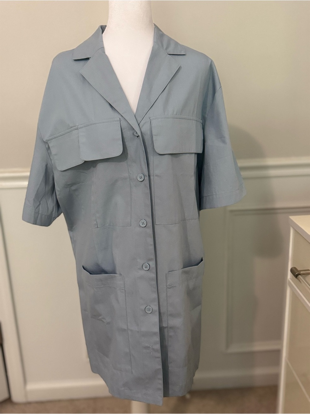 Light Blue Button-Front Utility Shirt Dress